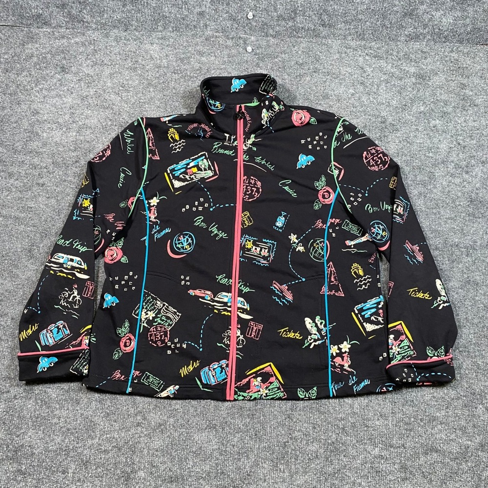 Koret Womens Around the World Travel Print Zip Up Track Jacket Black Large L